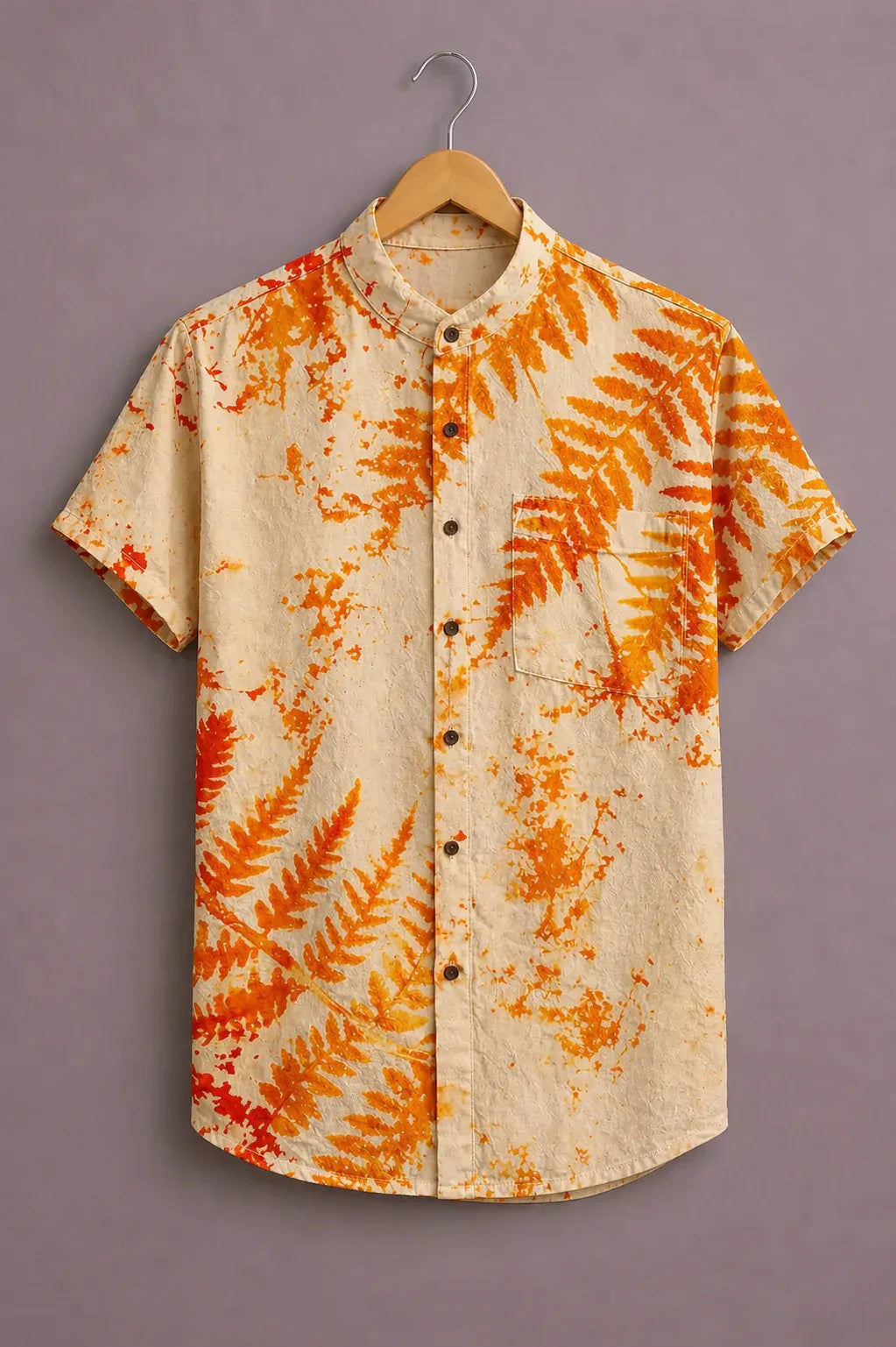 Shyirt™ Men's Premium Tropical Leaf Printed Mandarin Collar Shirt Cream Orange Casual Summer Beach Wear X-6XL