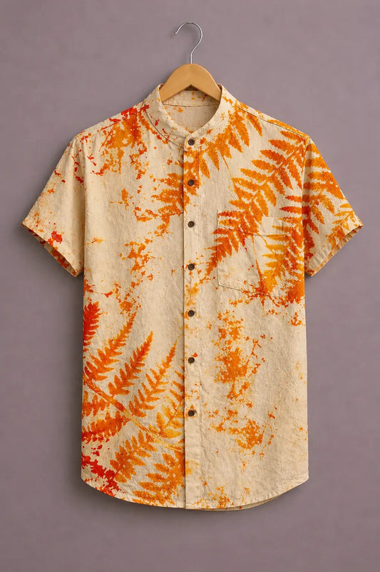 Shyirt™ Men's Premium Tropical Leaf Printed Mandarin Collar Shirt Cream Orange Casual Summer Beach Wear X-6XL
