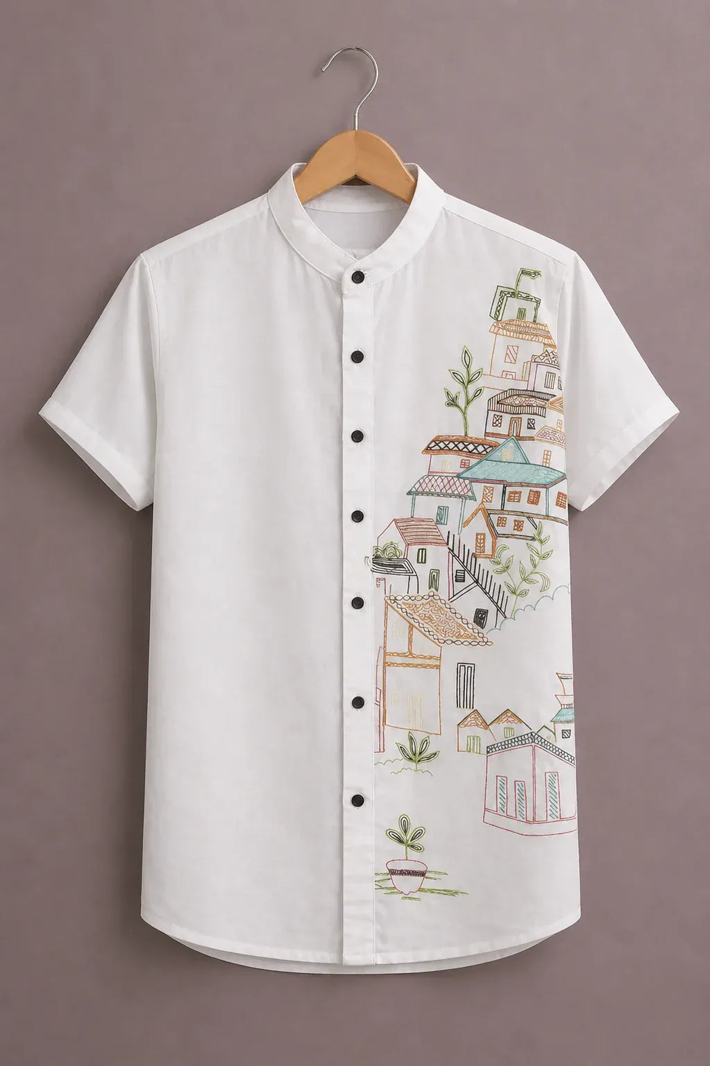 Shyirt™ Men's Premium Artistic Village Sketch Printed Mandarin Collar Shirt White Casual Designer Wear X-6XL
