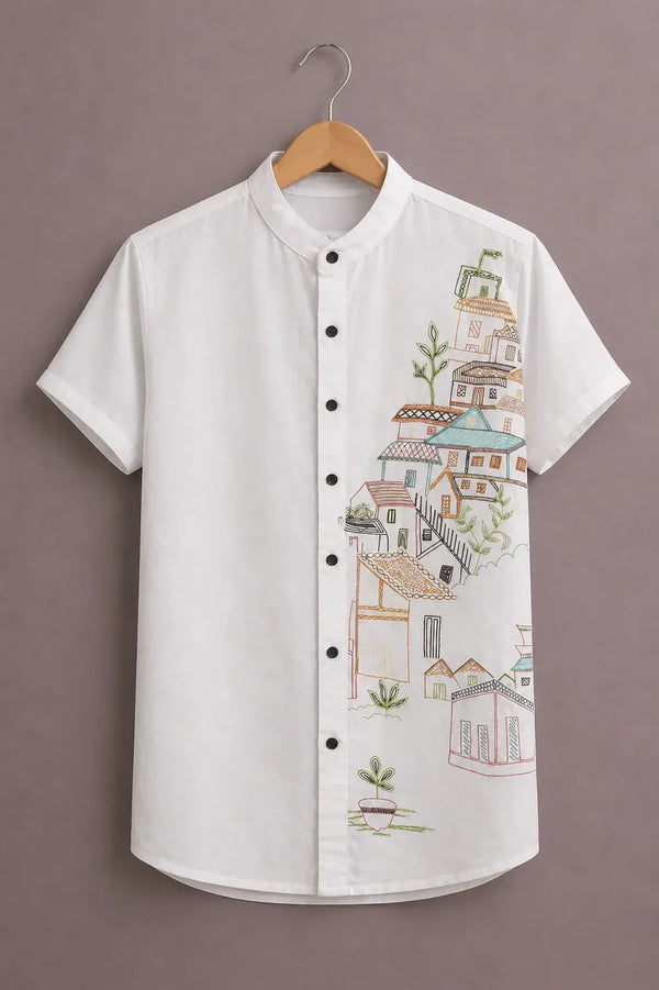Shyirt™ Men's Premium Artistic Village Sketch Printed Mandarin Collar Shirt White Casual Designer Wear X-6XL