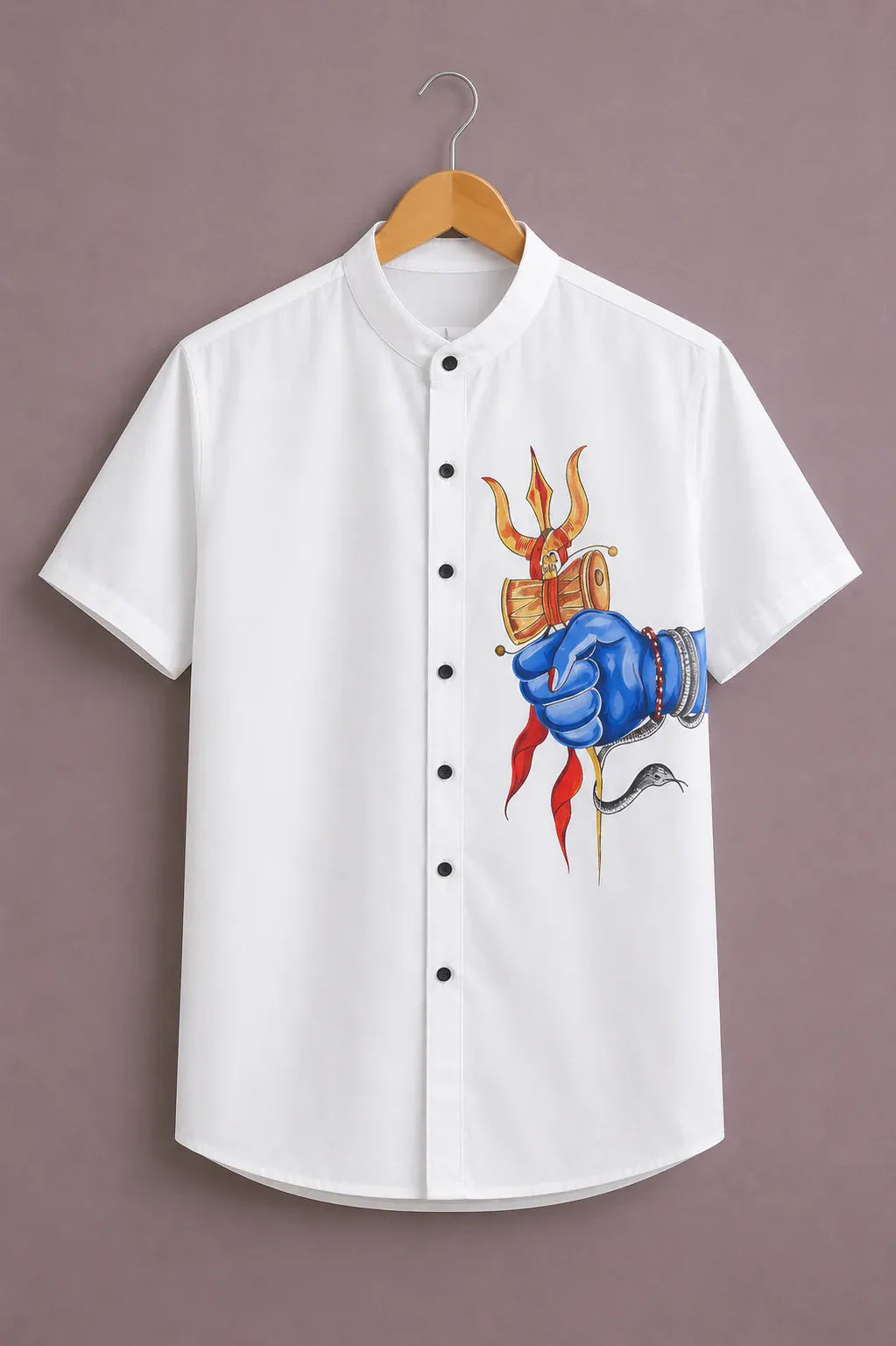Shyirt™ Men's Premium Mahadev Trishul Graphic Printed Mandarin Collar Shirt White Casual Spiritual Wear X-6XL