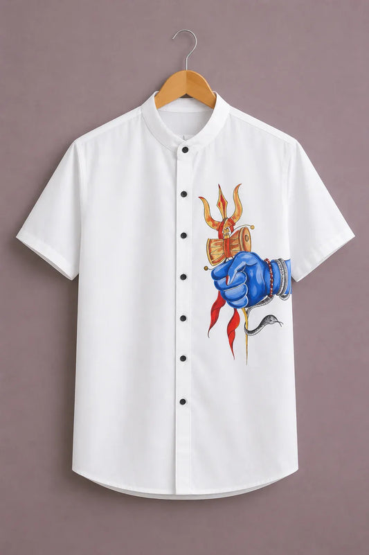 Shyirt™ Men's Premium Mahadev Trishul Graphic Printed Mandarin Collar Shirt White Casual Spiritual Wear X-6XL