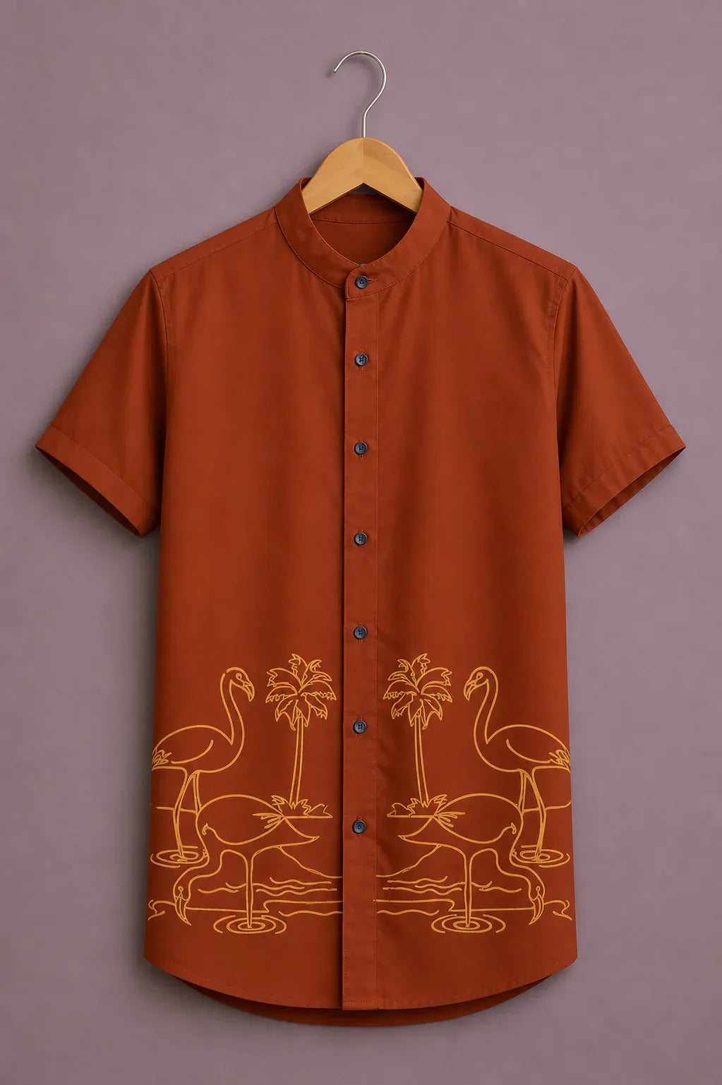 Shyirt™ Men's Premium Flamingo Tropical Print Mandarin Collar Shirt Rust Orange Casual Summer Beach Wear X-6XL