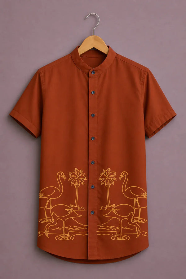 Shyirt™ Men's Premium Flamingo Tropical Print Mandarin Collar Shirt Rust Orange Casual Summer Beach Wear X-6XL