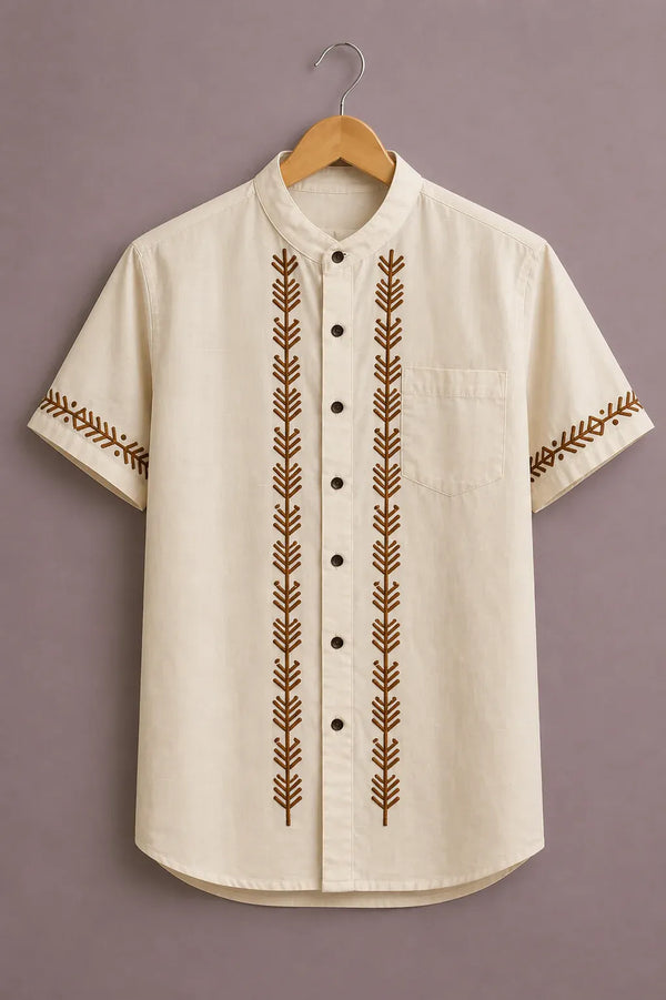 Shyirt™ Men's Premium Ethnic Embroidered Mandarin Collar Shirt Cream Beige Short Sleeve Casual Festive Wear X-6XL